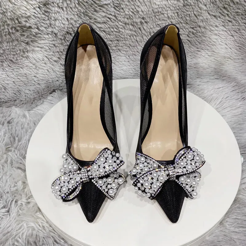 Black Bow diamond Mesh Lace High Heels