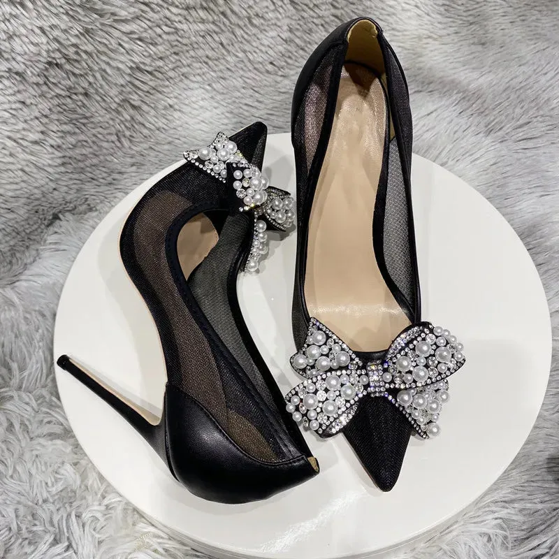 Black Bow diamond Mesh Lace High Heels