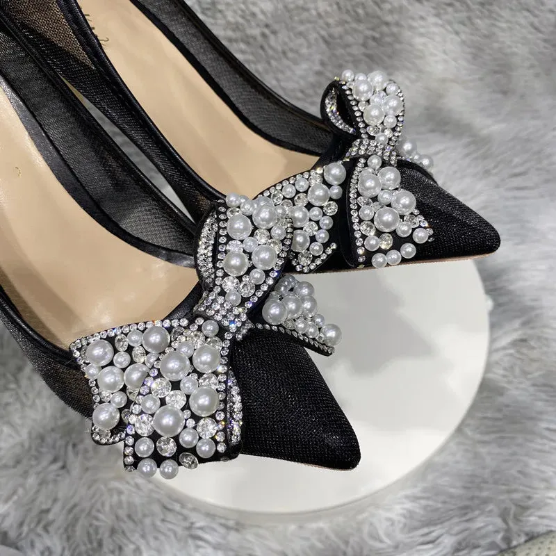 Black Bow diamond Mesh Lace High Heels