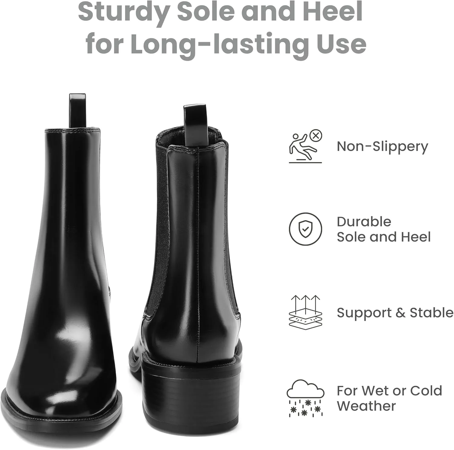 Black Chelsea Boots for Women, Slip-On Chelsea Ankle Boots Elastic with Sliver Trim Low Chunky Heel, Fashion Fall Booties for Casual and Dressy