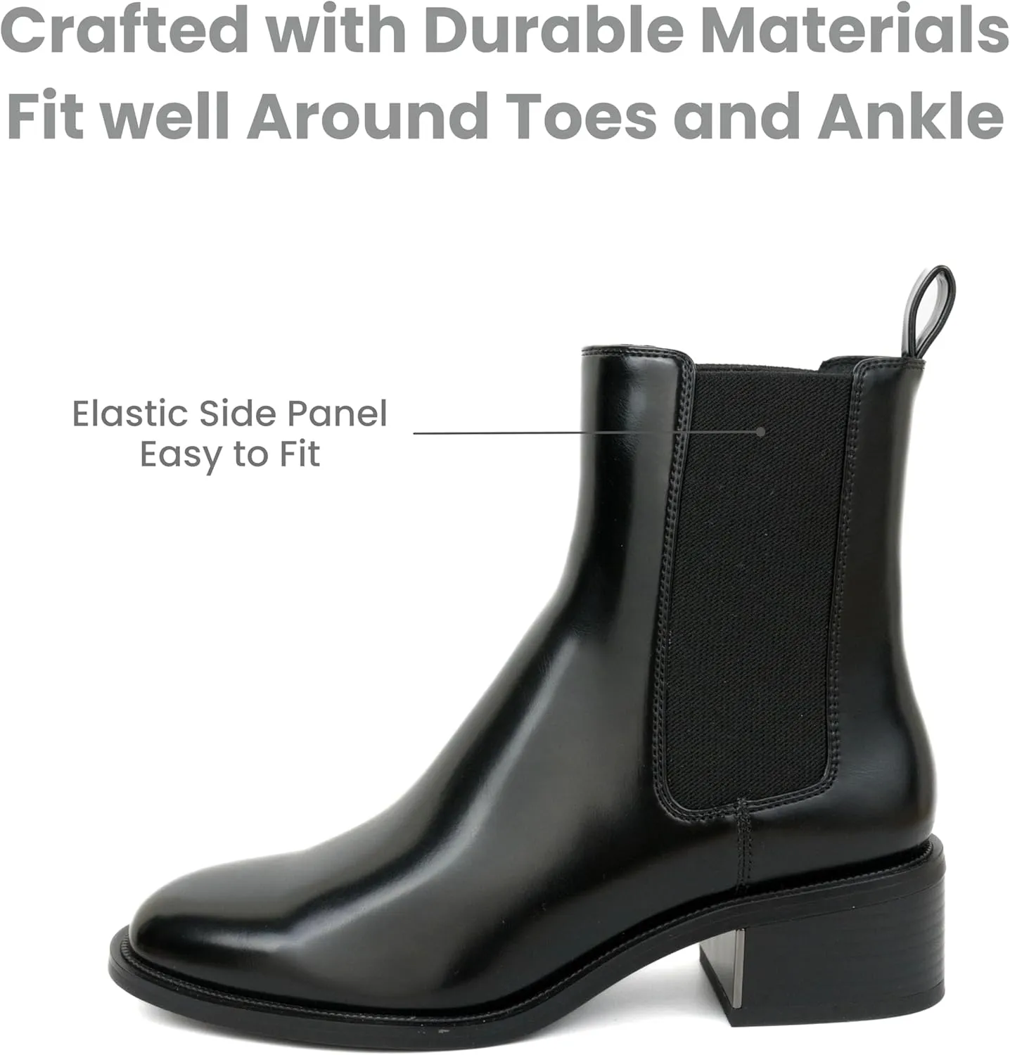 Black Chelsea Boots for Women, Slip-On Chelsea Ankle Boots Elastic with Sliver Trim Low Chunky Heel, Fashion Fall Booties for Casual and Dressy