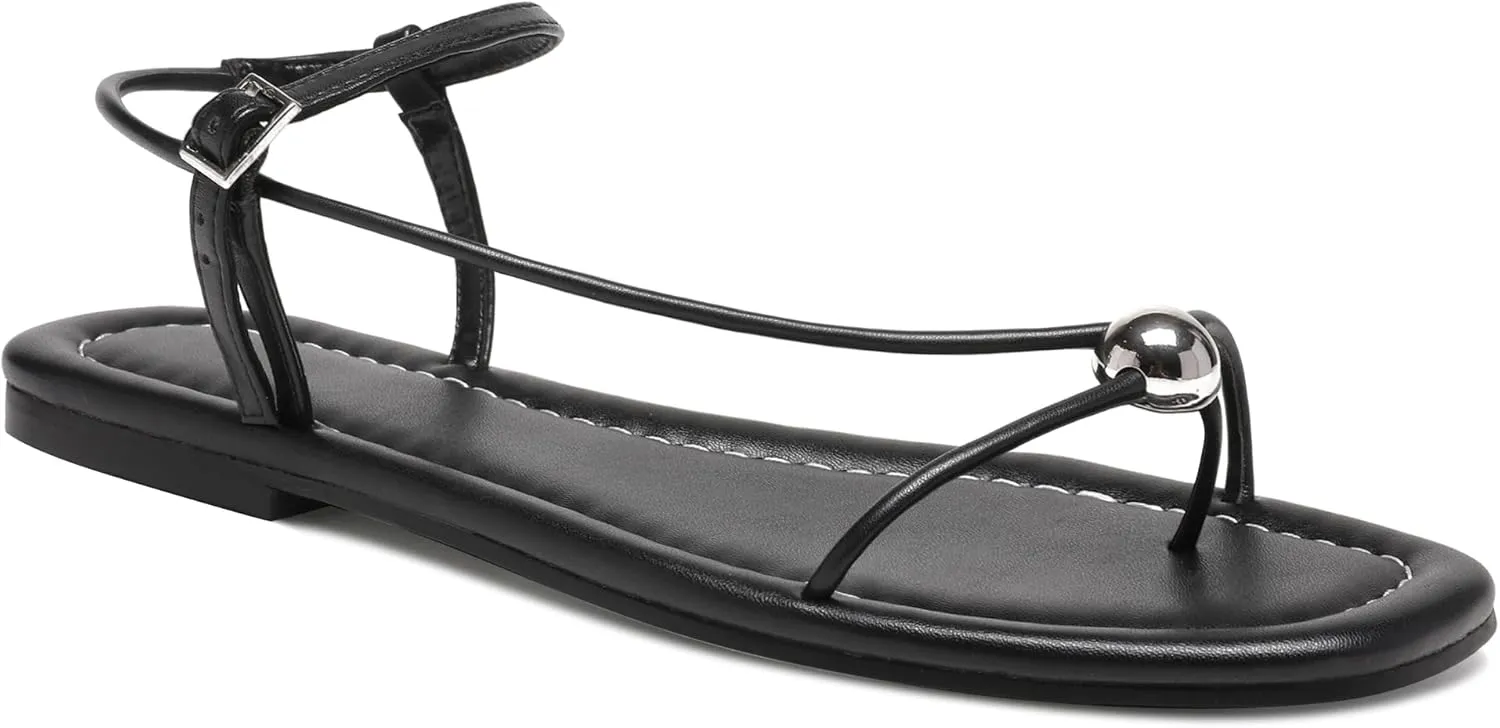 Black Flat Sandals for Women with Buckle Strappy Comfortable Silver Ball Square Open Toe Beach Thong Flip Flop Sandals Ring Toe Wedding Dress Shoes for Women.