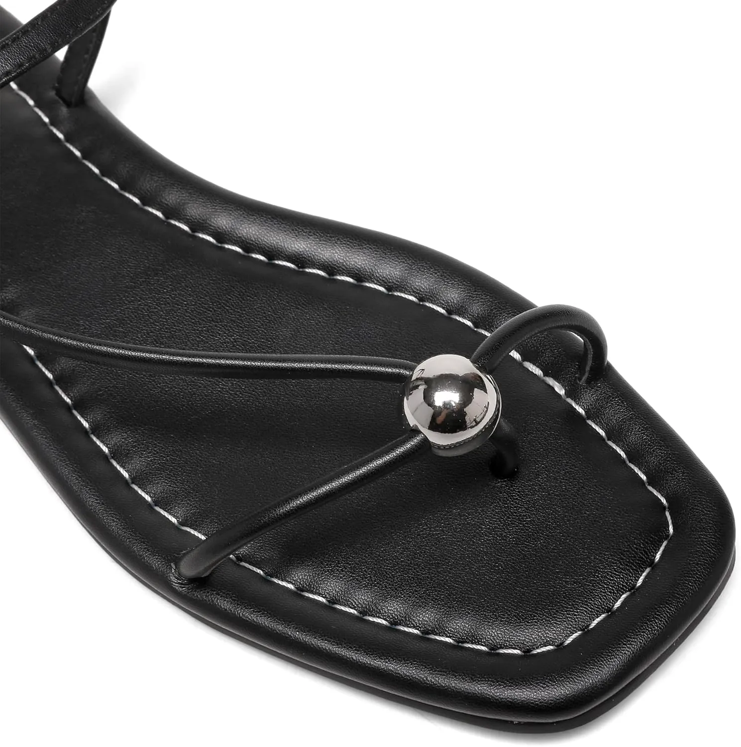Black Flat Sandals for Women with Buckle Strappy Comfortable Silver Ball Square Open Toe Beach Thong Flip Flop Sandals Ring Toe Wedding Dress Shoes for Women.