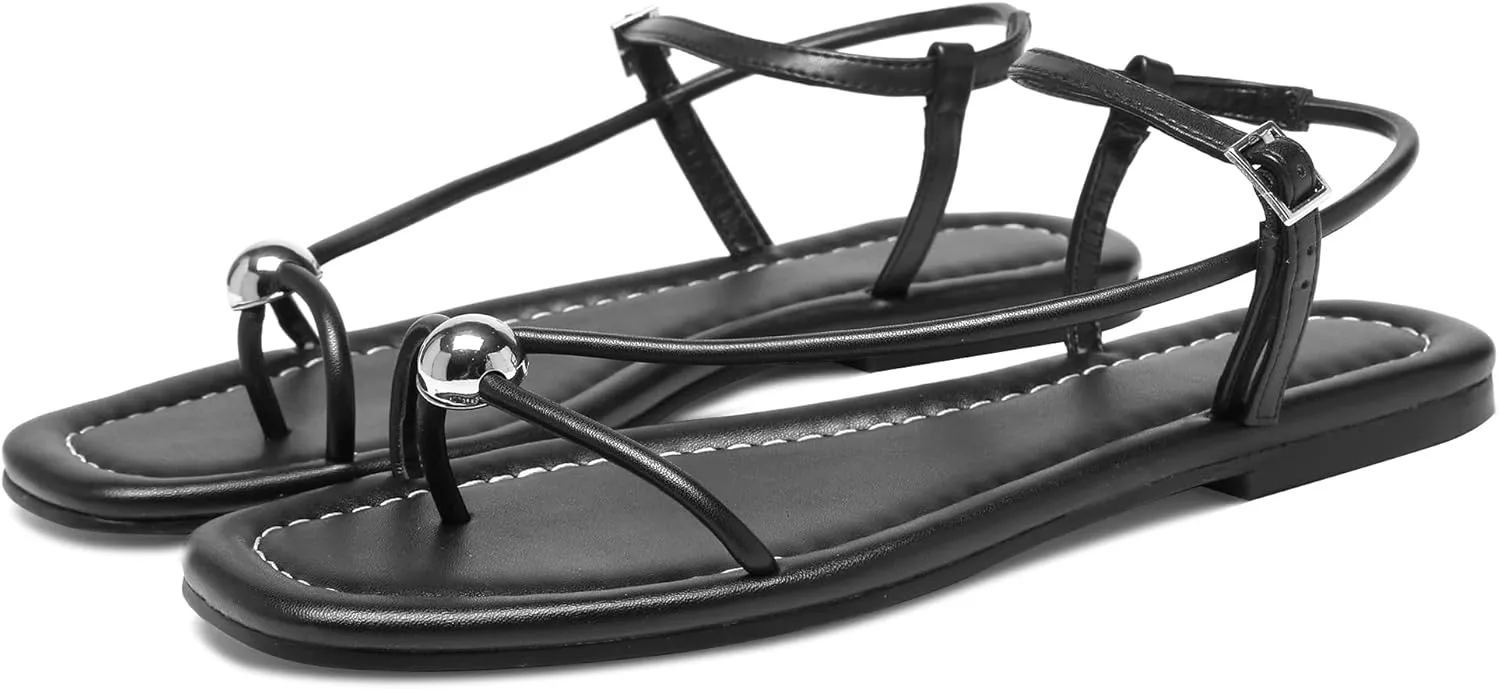 Black Flat Sandals for Women with Buckle Strappy Comfortable Silver Ball Square Open Toe Beach Thong Flip Flop Sandals Ring Toe Wedding Dress Shoes for Women.
