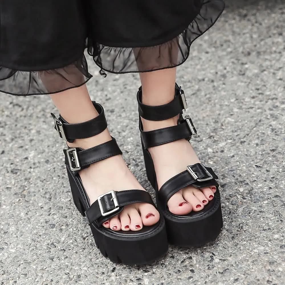 Black Gothic Punk Ankle Strap Platform Sandals