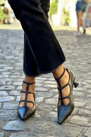Black stiletto heels with crisscross straps