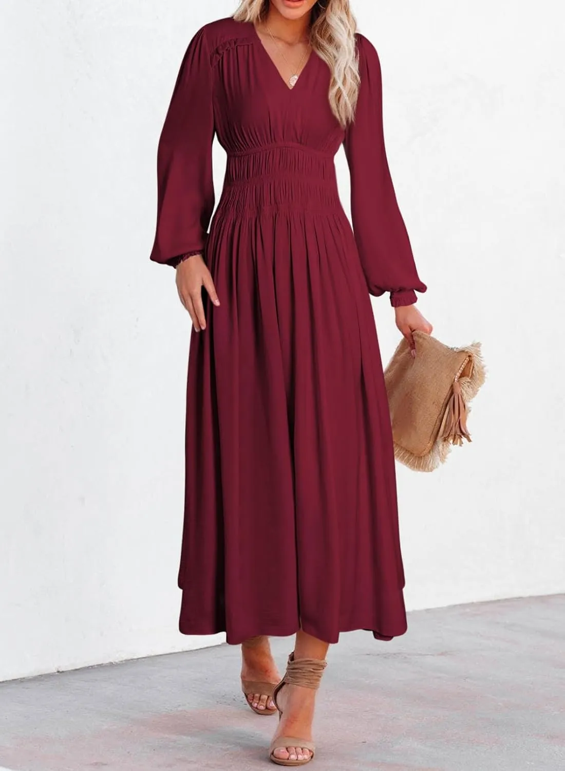 BLENCOT Womens Casual Boho Deep V Neck Short Sleeve Long Dress