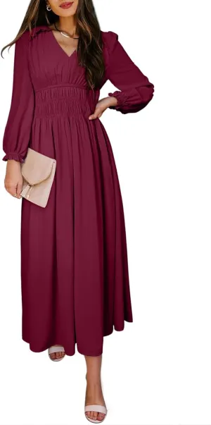 BLENCOT Womens Casual Boho Deep V Neck Short Sleeve Long Dress