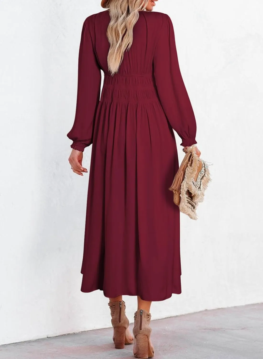BLENCOT Womens Casual Boho Deep V Neck Short Sleeve Long Dress