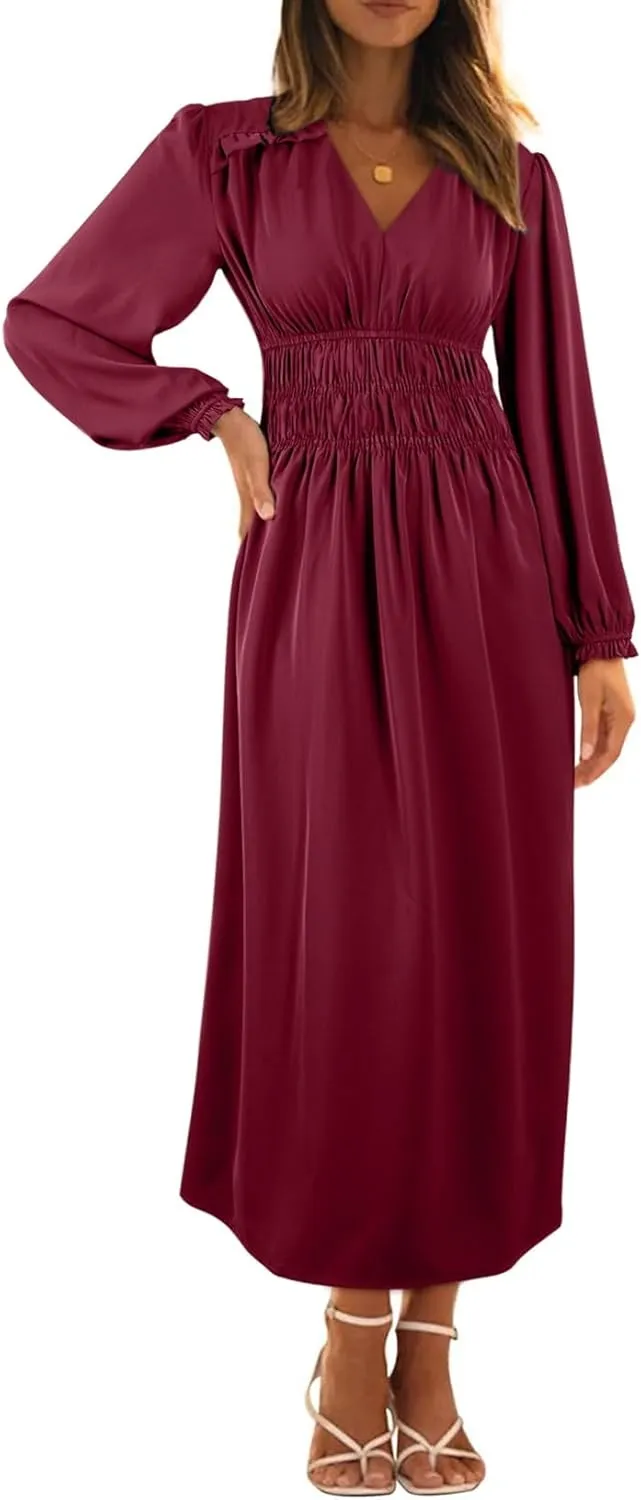 BLENCOT Womens Casual Boho Deep V Neck Short Sleeve Long Dress