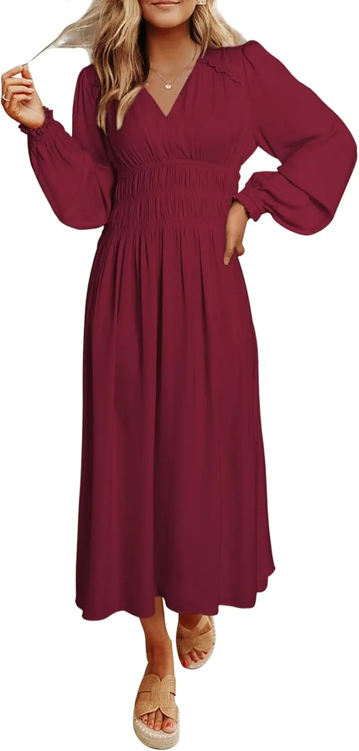 BLENCOT Womens Casual Boho Deep V Neck Short Sleeve Long Dress