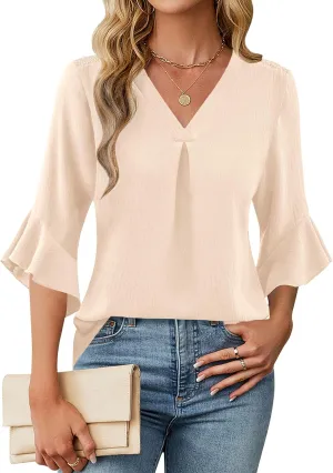 Blooming Jelly Womens 3/4 Length Sleeve Tops Summer Dressy Business Casual Blouses Work Shirts Chiffon V Neck Outfits 2025