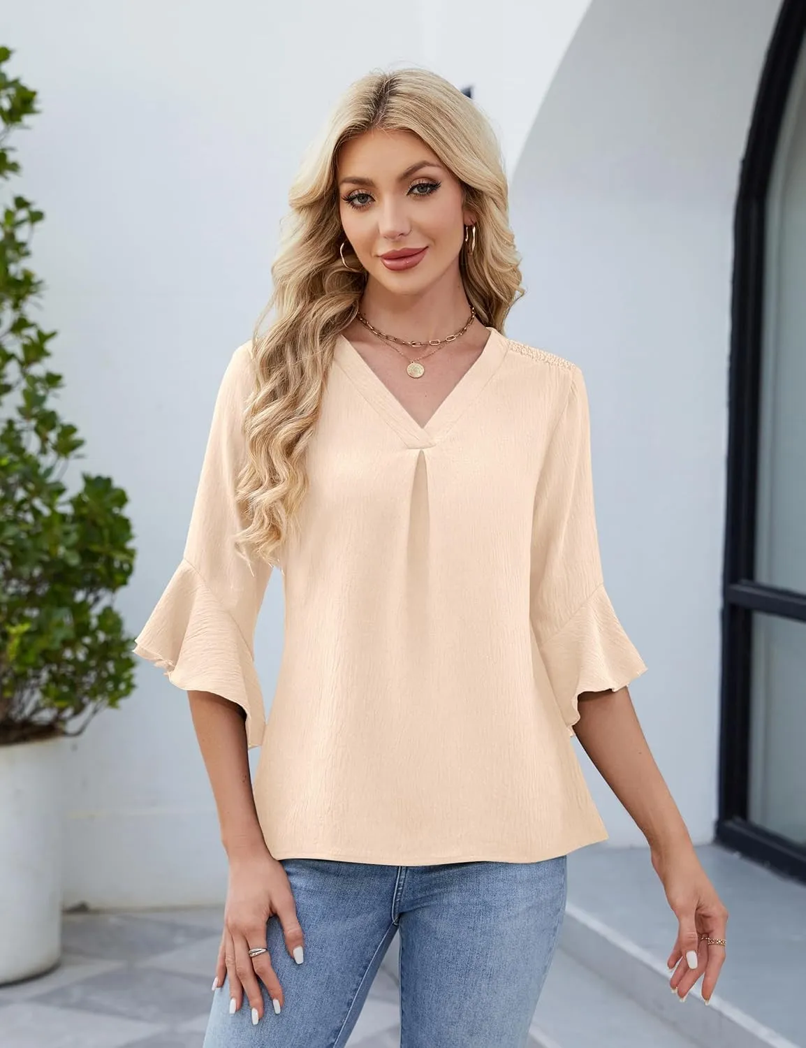 Blooming Jelly Womens 3/4 Length Sleeve Tops Summer Dressy Business Casual Blouses Work Shirts Chiffon V Neck Outfits 2025
