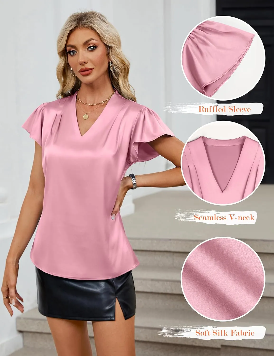 Blooming Jelly Womens Silk Dressy Casual Business Blouse Ruffle Sleeve Tops Summer V Neck Pleated Work Shirts