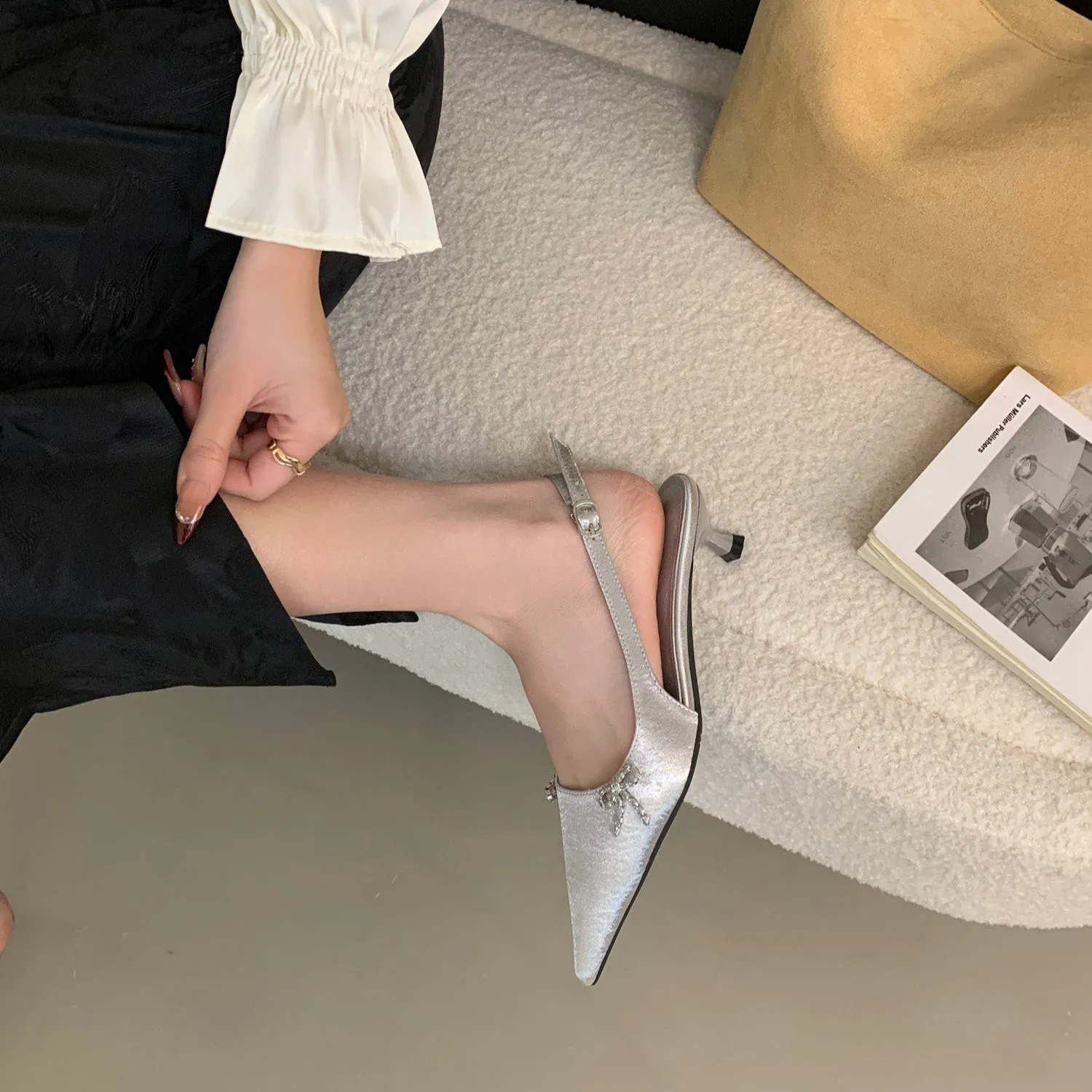 Bow Pointed-Toe Slingback Kitten Heels 3CM