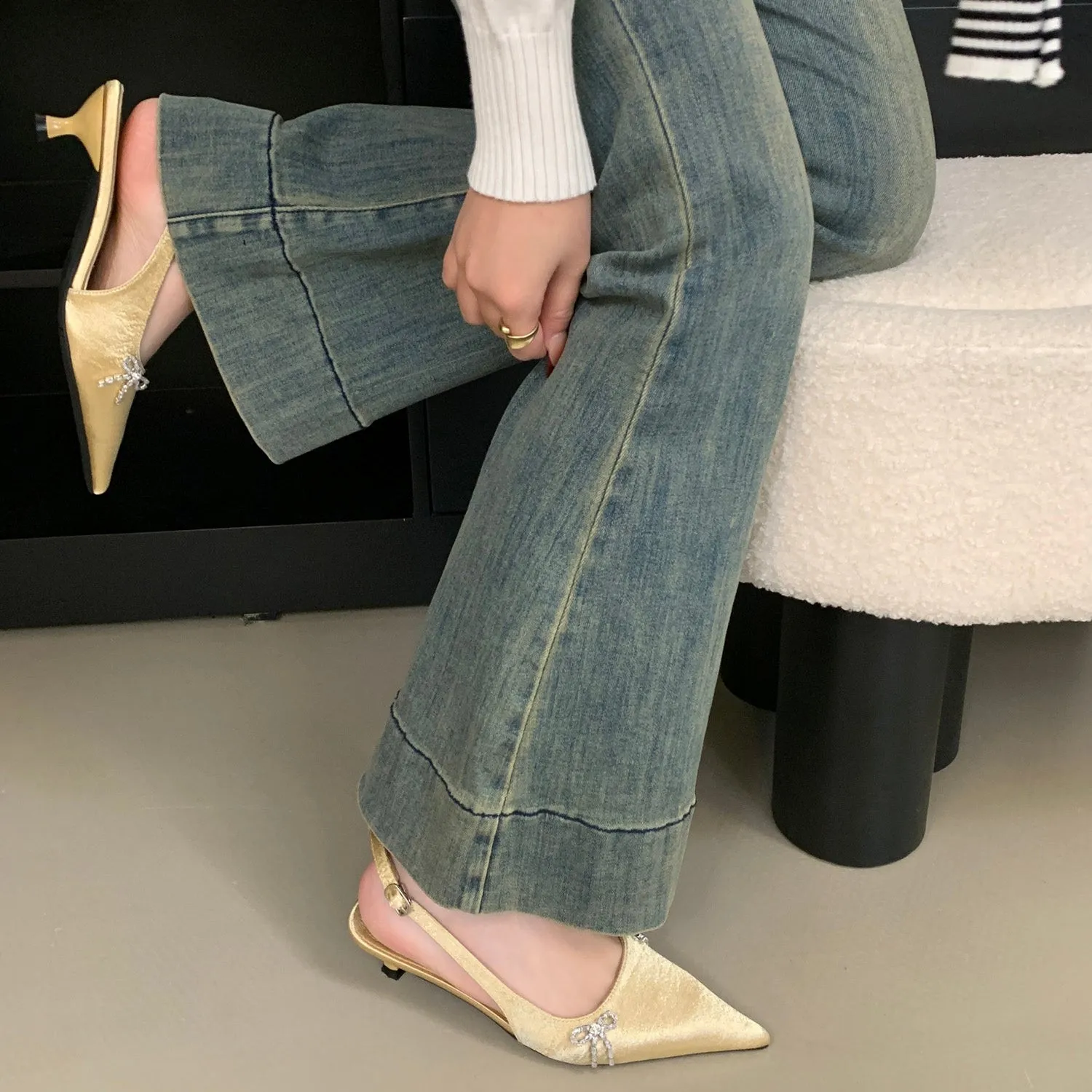 Bow Pointed-Toe Slingback Kitten Heels 3CM