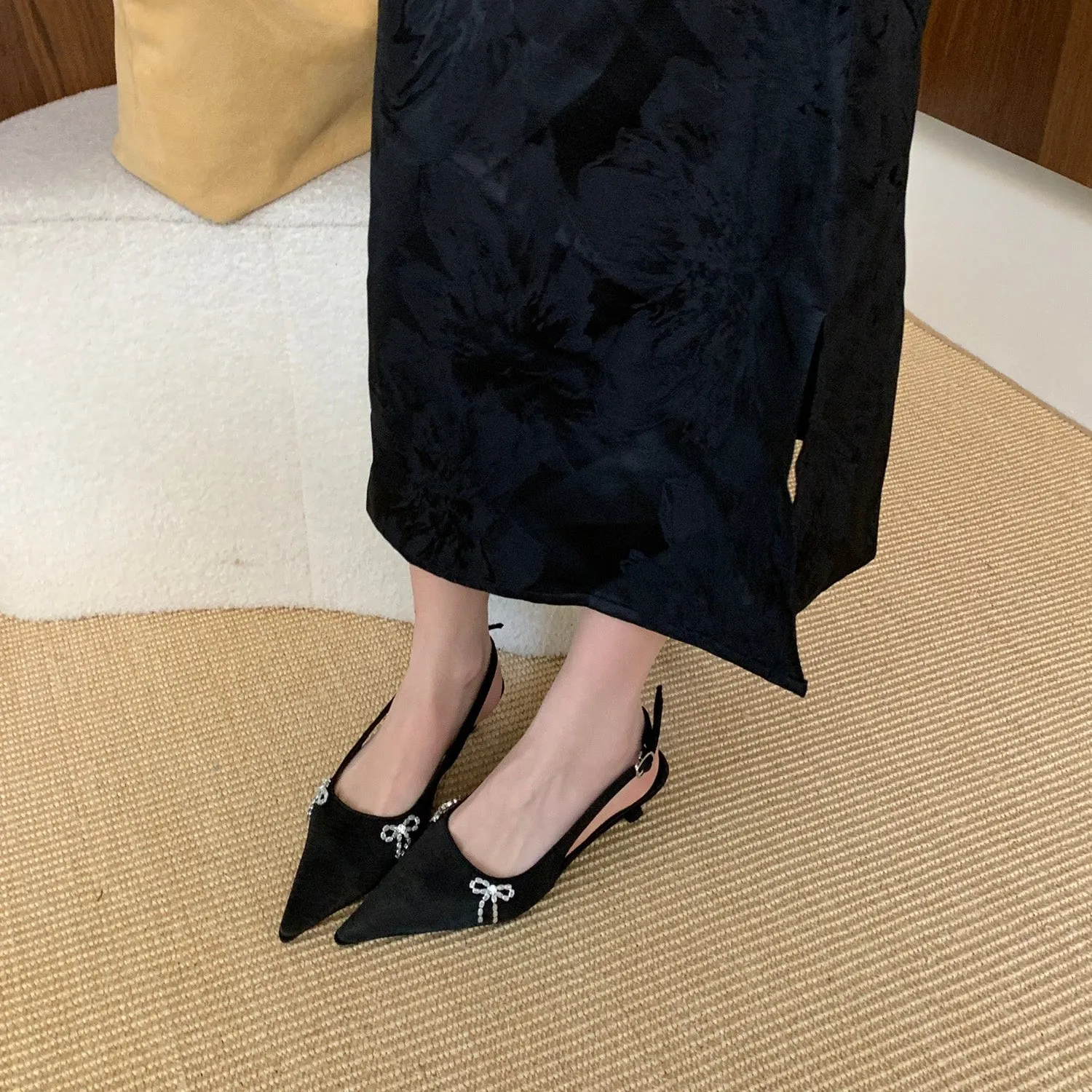 Bow Pointed-Toe Slingback Kitten Heels 3CM