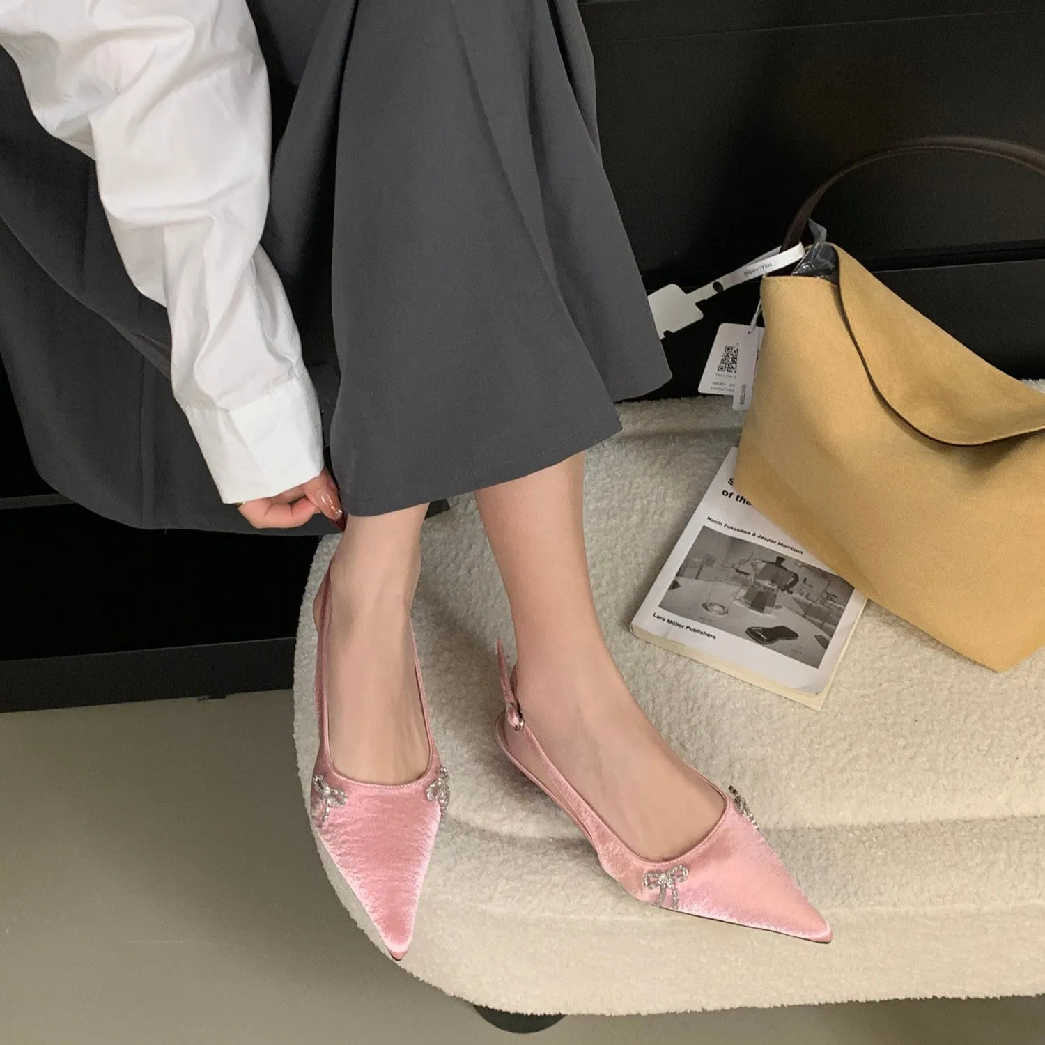 Bow Pointed-Toe Slingback Kitten Heels 3CM