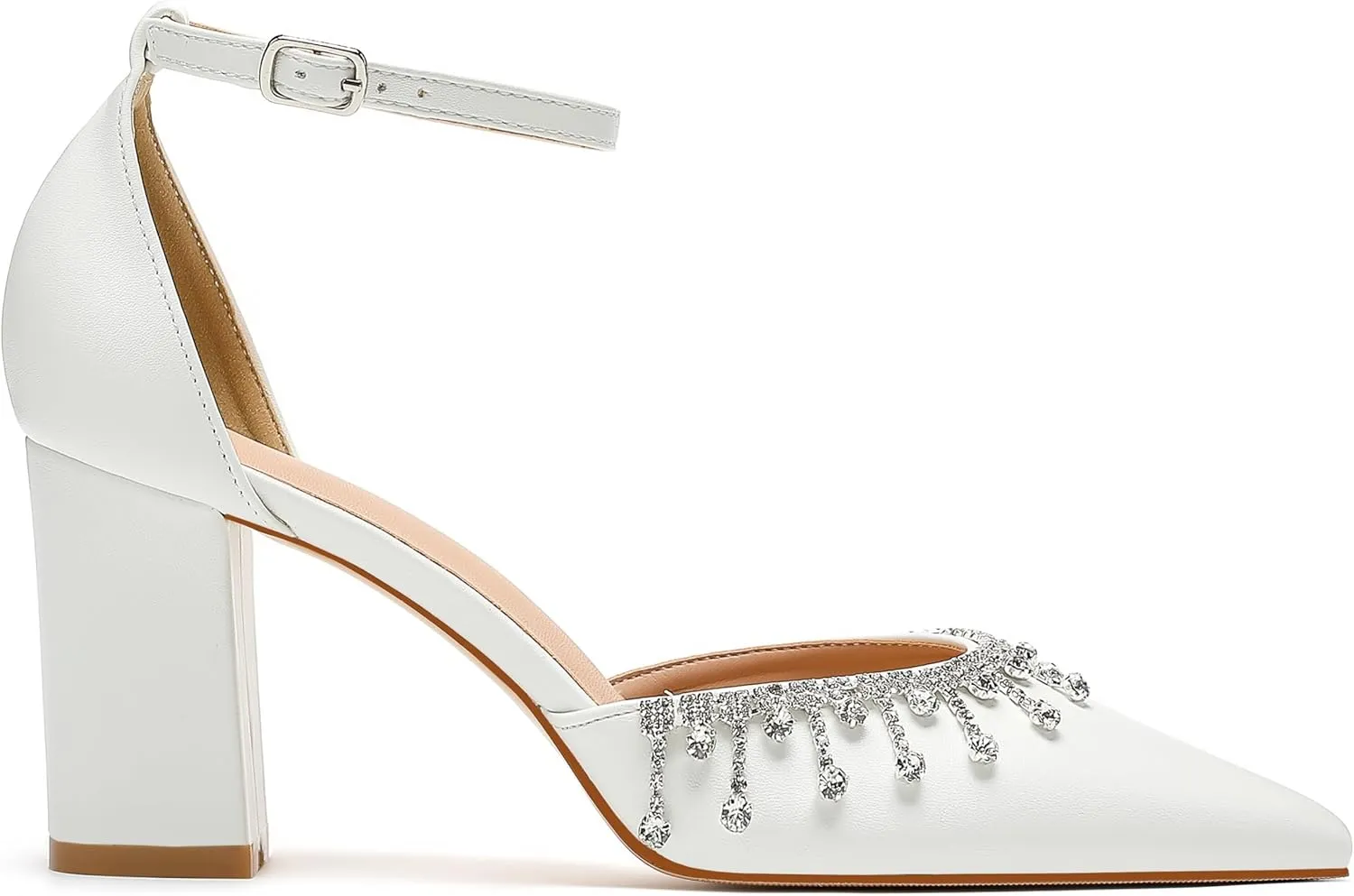 Bridal Heels for Wedding with Crystal Rhinestone, Block Heel Pointed Toe Women's Pumps, Closed Toe Heels for Women