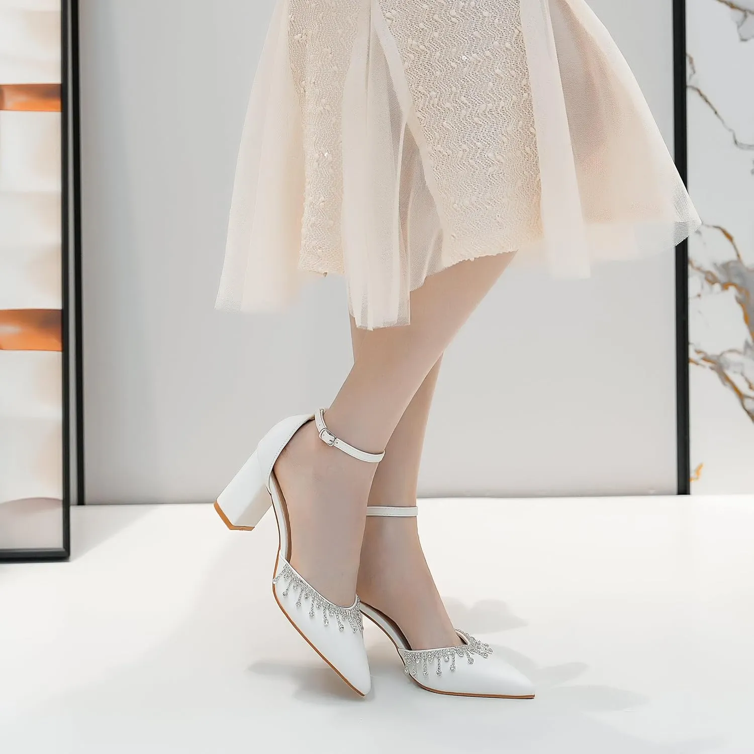 Bridal Heels for Wedding with Crystal Rhinestone, Block Heel Pointed Toe Women's Pumps, Closed Toe Heels for Women