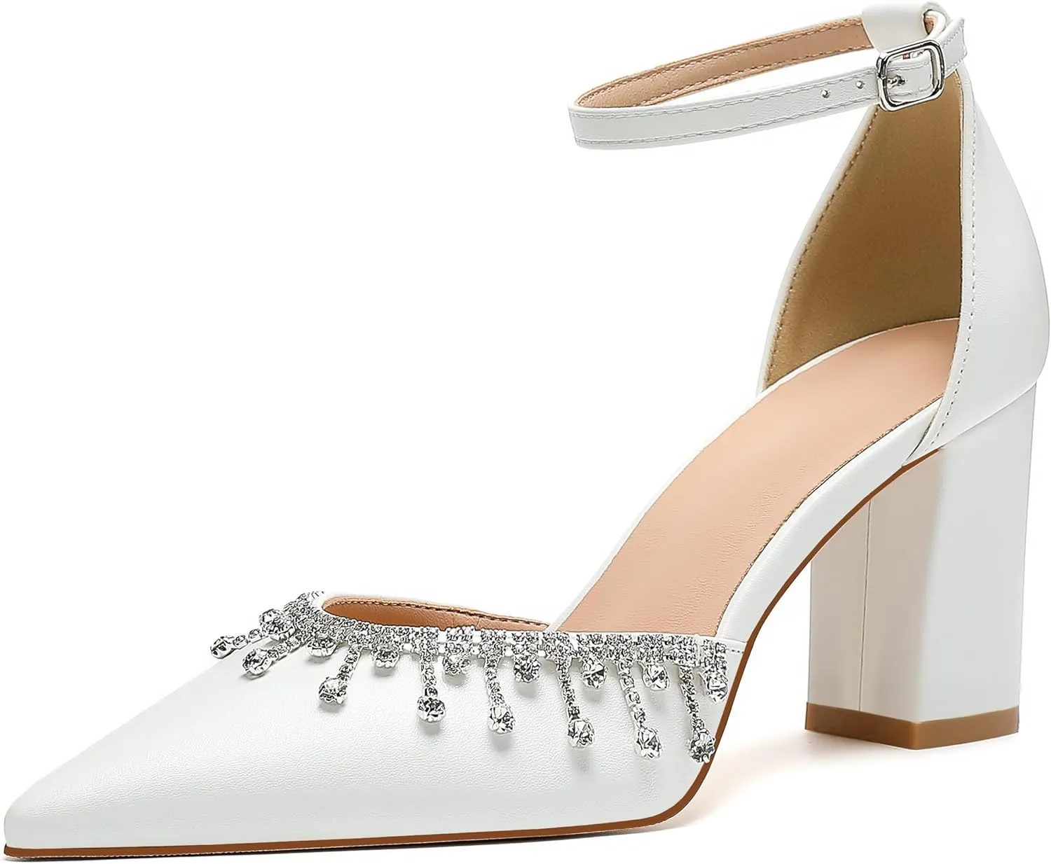 Bridal Heels for Wedding with Crystal Rhinestone, Block Heel Pointed Toe Women's Pumps, Closed Toe Heels for Women