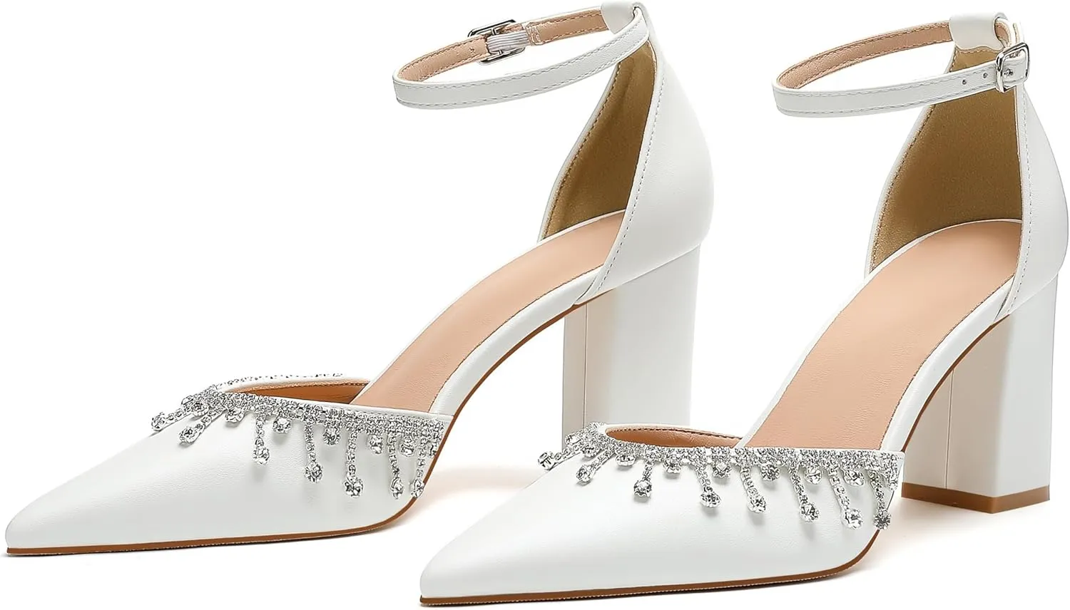 Bridal Heels for Wedding with Crystal Rhinestone, Block Heel Pointed Toe Women's Pumps, Closed Toe Heels for Women