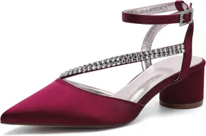 Bridal Shoes Low Heel Rhinestones Satin Strappy Wedding Shoes 4.5CM Pointed Closed Toe Women Party Ankle Strap Sandals Pumps for Prom,Rose red,10