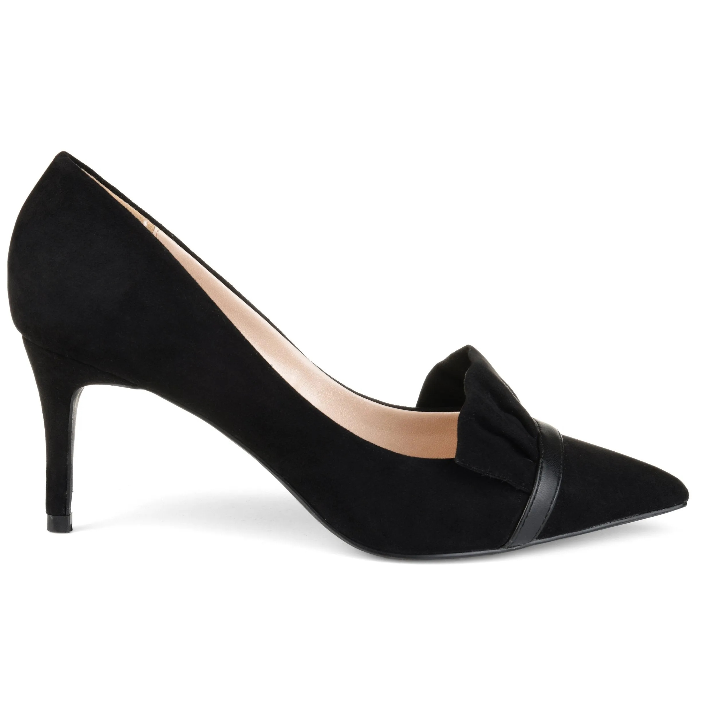 Brinley Co. Womens Mica Faux Suede Pointed Toe Ruffle Skinny Heels Black, 9 Regular US