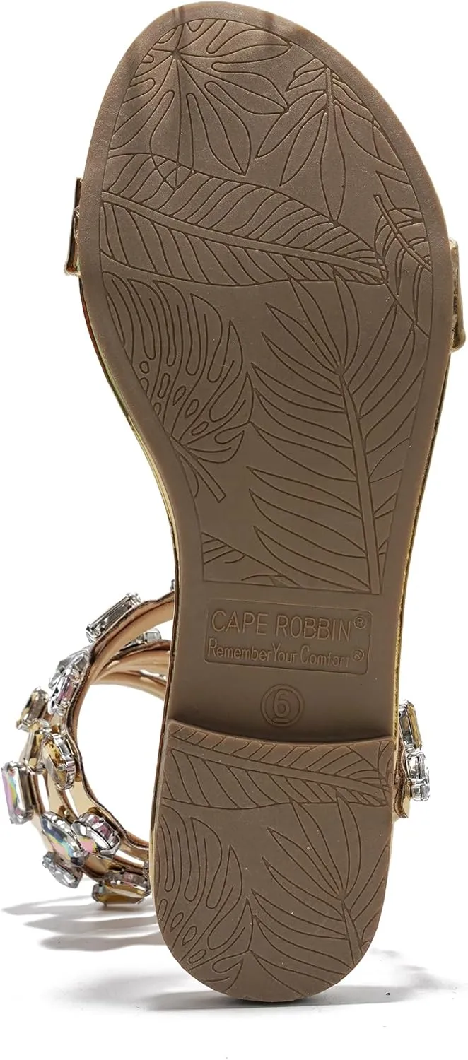 Cape Robbin Esmerelda Women's Rhinestone Gladiator Sandal, Strappy Lace Up Flat Gladiator Sandals for Women with Rhinestones.