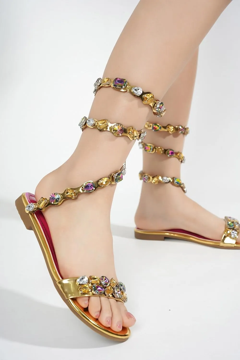 Cape Robbin Esmerelda Women's Rhinestone Gladiator Sandal, Strappy Lace Up Flat Gladiator Sandals for Women with Rhinestones.