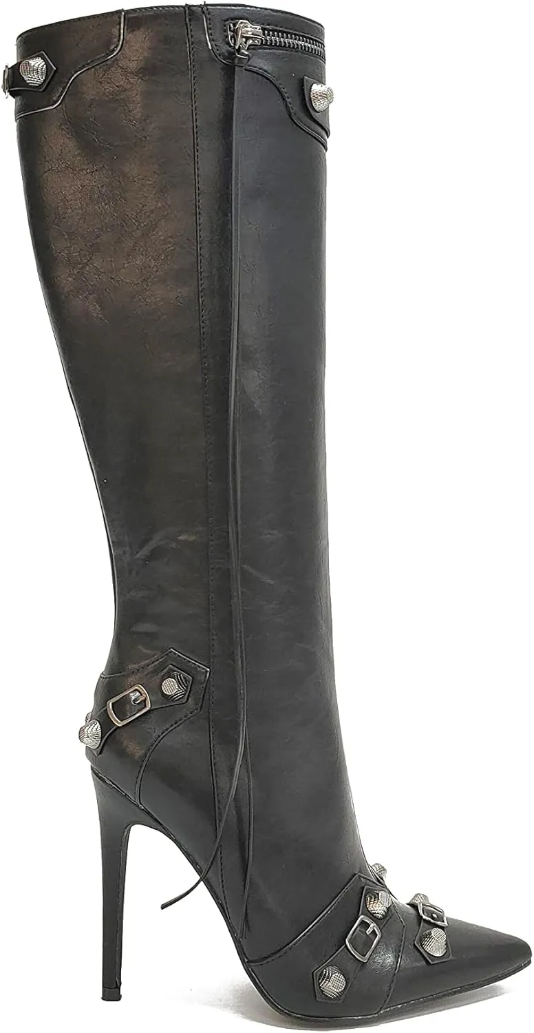 Cape Robbin Womem Knee High Boots Pointed Toe Stiletto Heels Side Zipper Rivets Tassels Boots