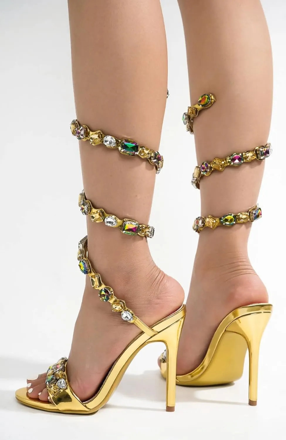 Cape Robbin Women's Rhinestone Stiletto Heel Sandals Jewel Spiral Ankle Wrap Strap High Heels Sandal