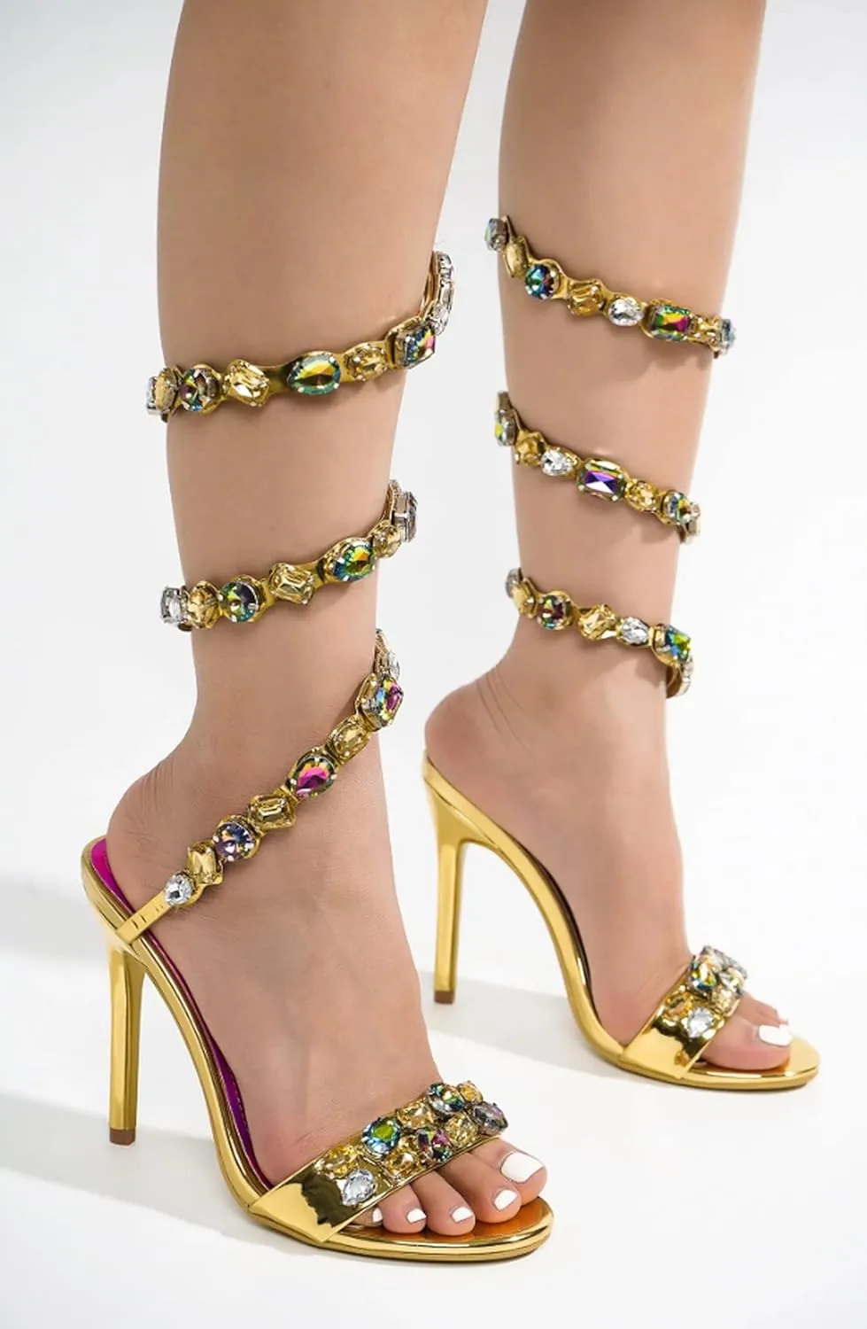 Cape Robbin Women's Rhinestone Stiletto Heel Sandals Jewel Spiral Ankle Wrap Strap High Heels Sandal