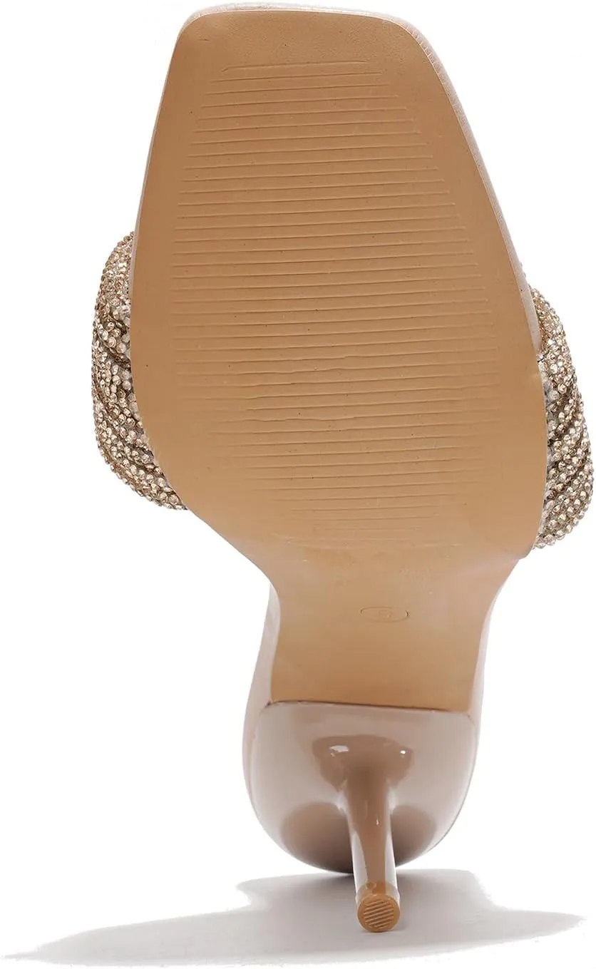 Cape Robbin Women's Stiletto Heels - Slip-On Sandals with Rhinestone-Embellished Knot & Open Toe (Flynn)