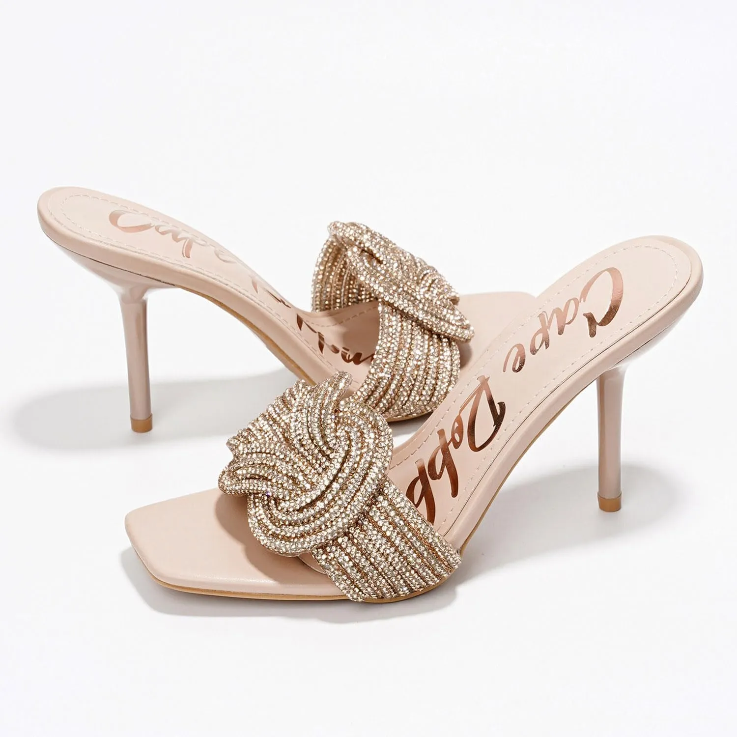 Cape Robbin Women's Stiletto Heels - Slip-On Sandals with Rhinestone-Embellished Knot & Open Toe (Flynn)