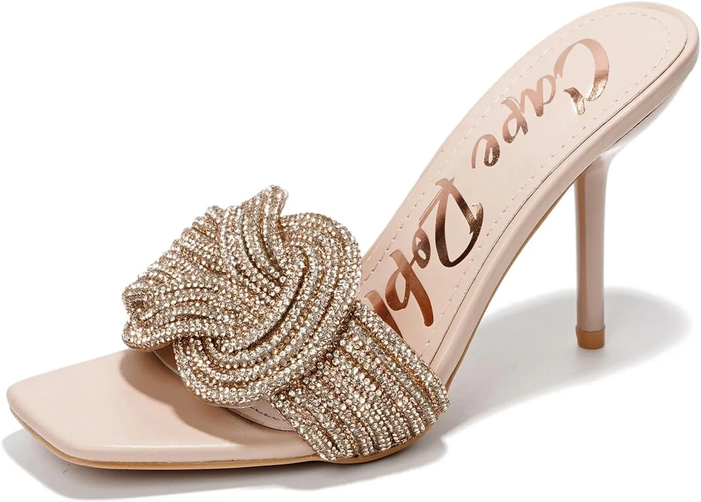 Cape Robbin Women's Stiletto Heels - Slip-On Sandals with Rhinestone-Embellished Knot & Open Toe (Flynn)