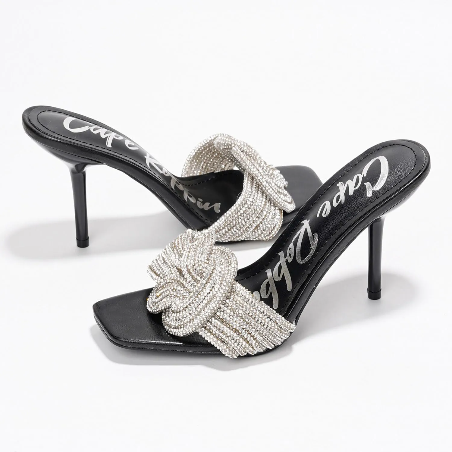 Cape Robbin Women's Stiletto Heels - Slip-On Sandals with Rhinestone-Embellished Knot & Open Toe (Flynn)