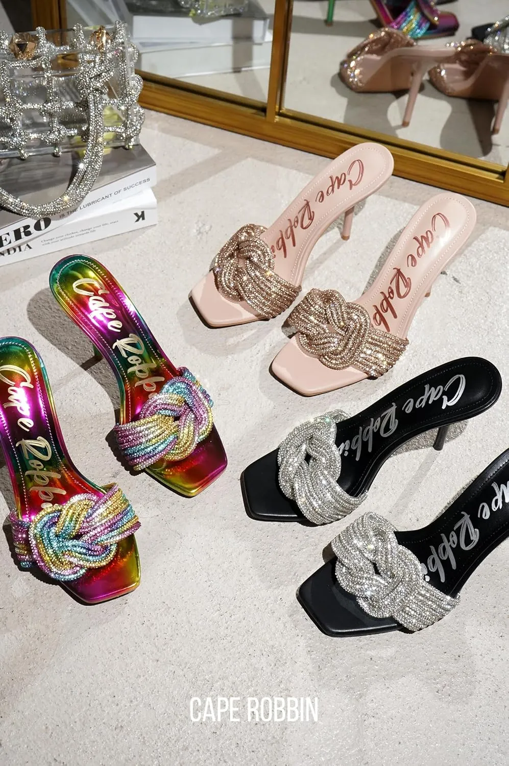 Cape Robbin Women's Stiletto Heels - Slip-On Sandals with Rhinestone-Embellished Knot & Open Toe (Flynn)