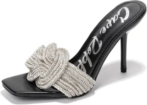 Cape Robbin Women's Stiletto Heels - Slip-On Sandals with Rhinestone-Embellished Knot & Open Toe (Flynn)
