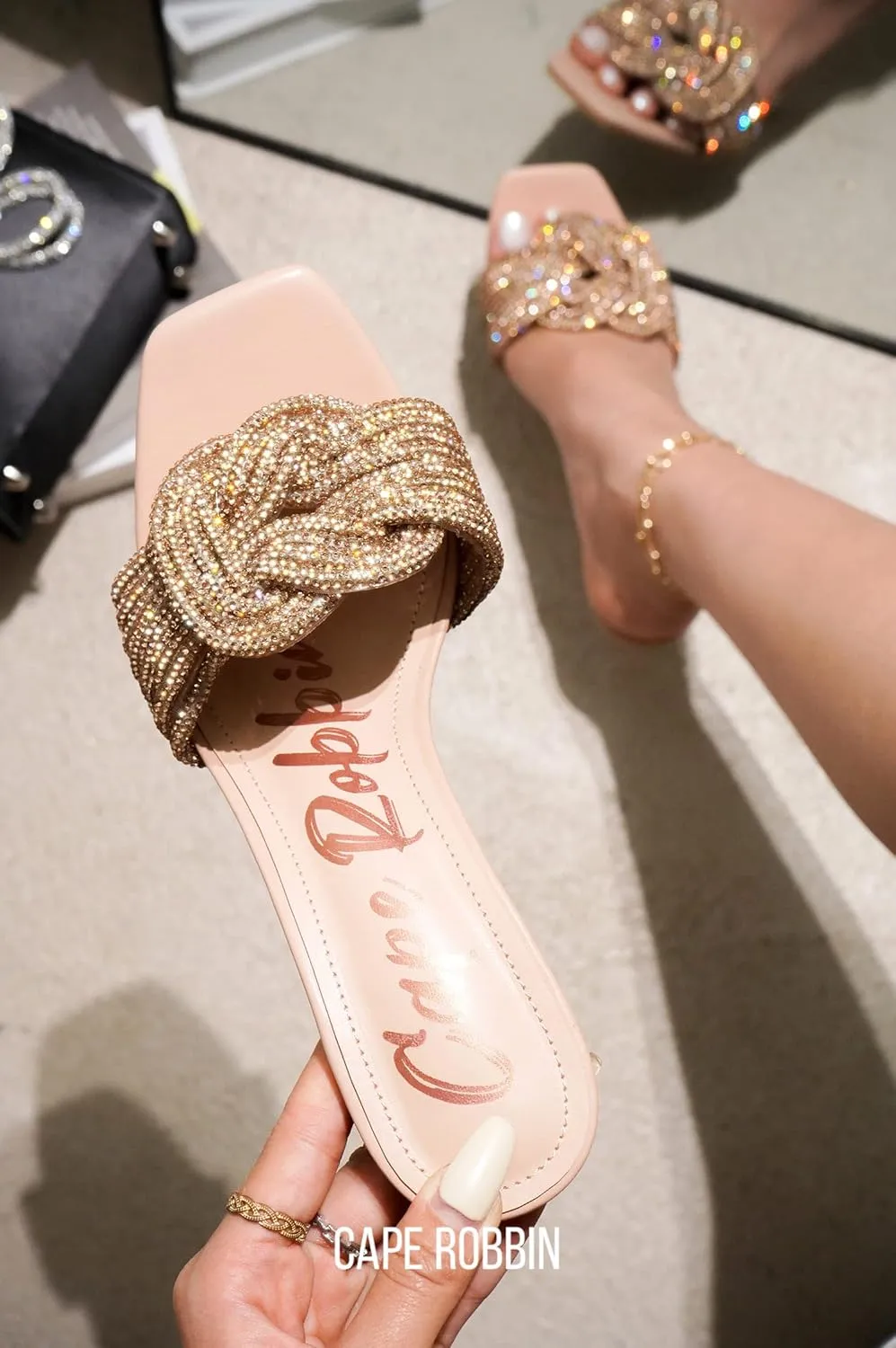 Cape Robbin Women's Stiletto Heels - Slip-On Sandals with Rhinestone-Embellished Knot & Open Toe (Flynn)