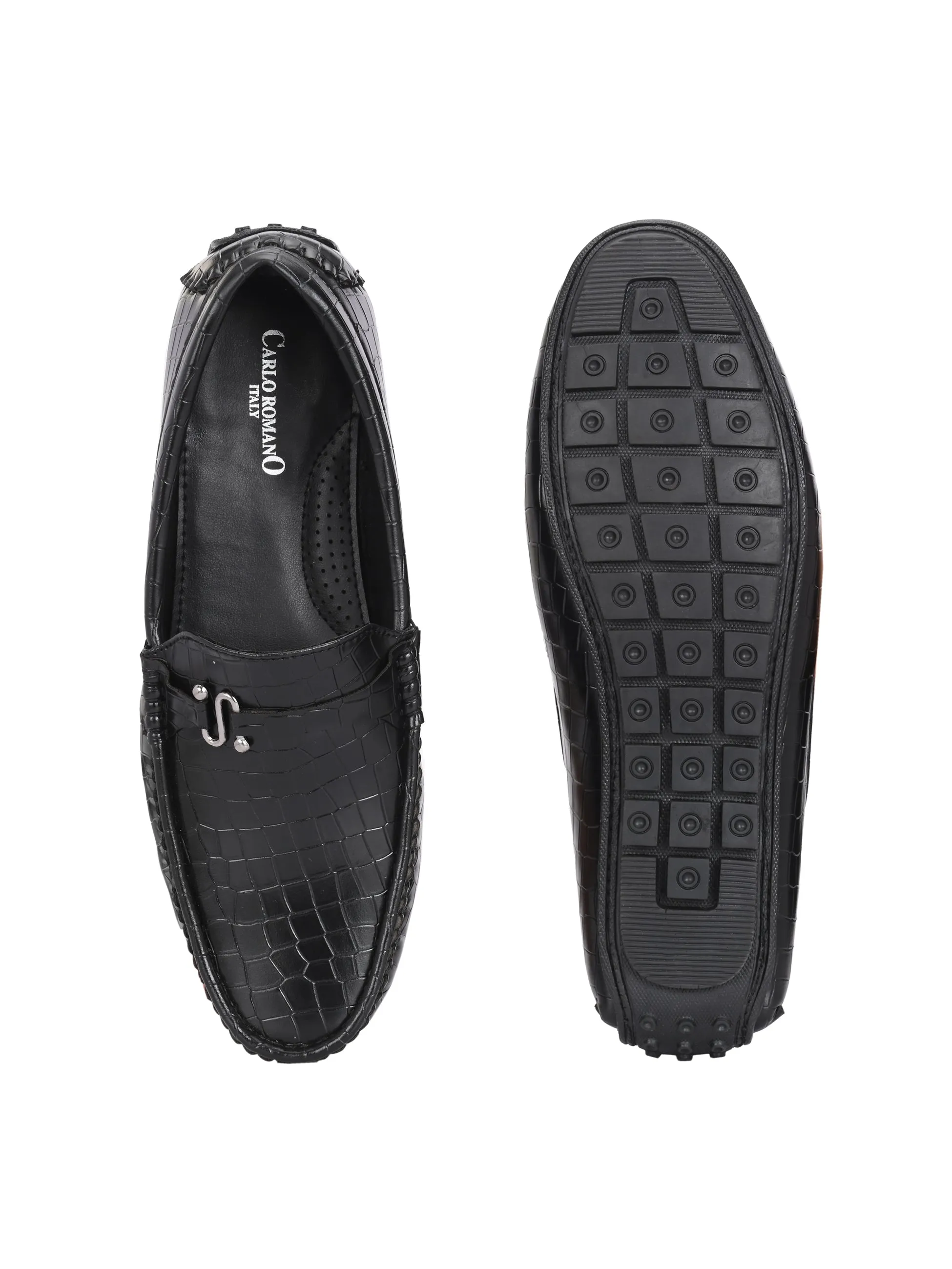 CARLO ROMANO BY WASAN BLACK COLOR VEGAN LEATHER CROCO PATENT MOCCASIN FOR MEN