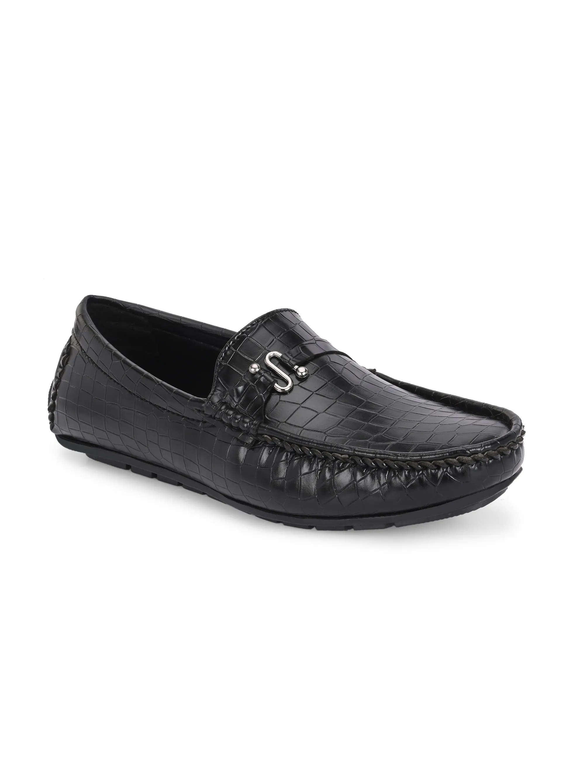 CARLO ROMANO BY WASAN BLACK COLOR VEGAN LEATHER CROCO PATENT MOCCASIN FOR MEN