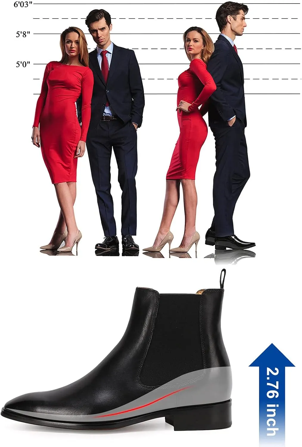CHAMARIPA Men's Invisible Height Increasing Shoes - Leather Elevator Chelsea Shoes for Man,2-3 inches Taller.