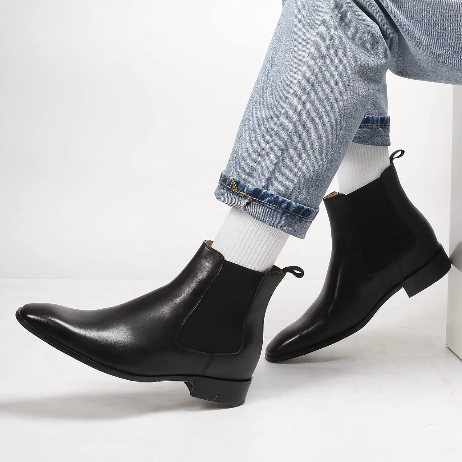 CHAMARIPA Men's Invisible Height Increasing Shoes - Leather Elevator Chelsea Shoes for Man,2-3 inches Taller.