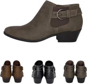 Chariot & Co: Kiki - Womens Western Chelsea Round Toe Ankle Boots - Adjustable Buckle Stacked Heel Booties