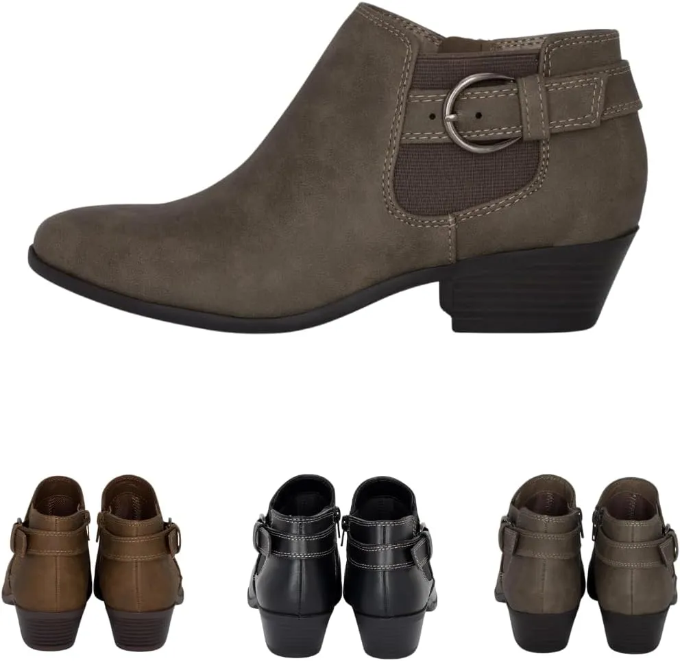 Chariot & Co: Kiki - Womens Western Chelsea Round Toe Ankle Boots - Adjustable Buckle Stacked Heel Booties