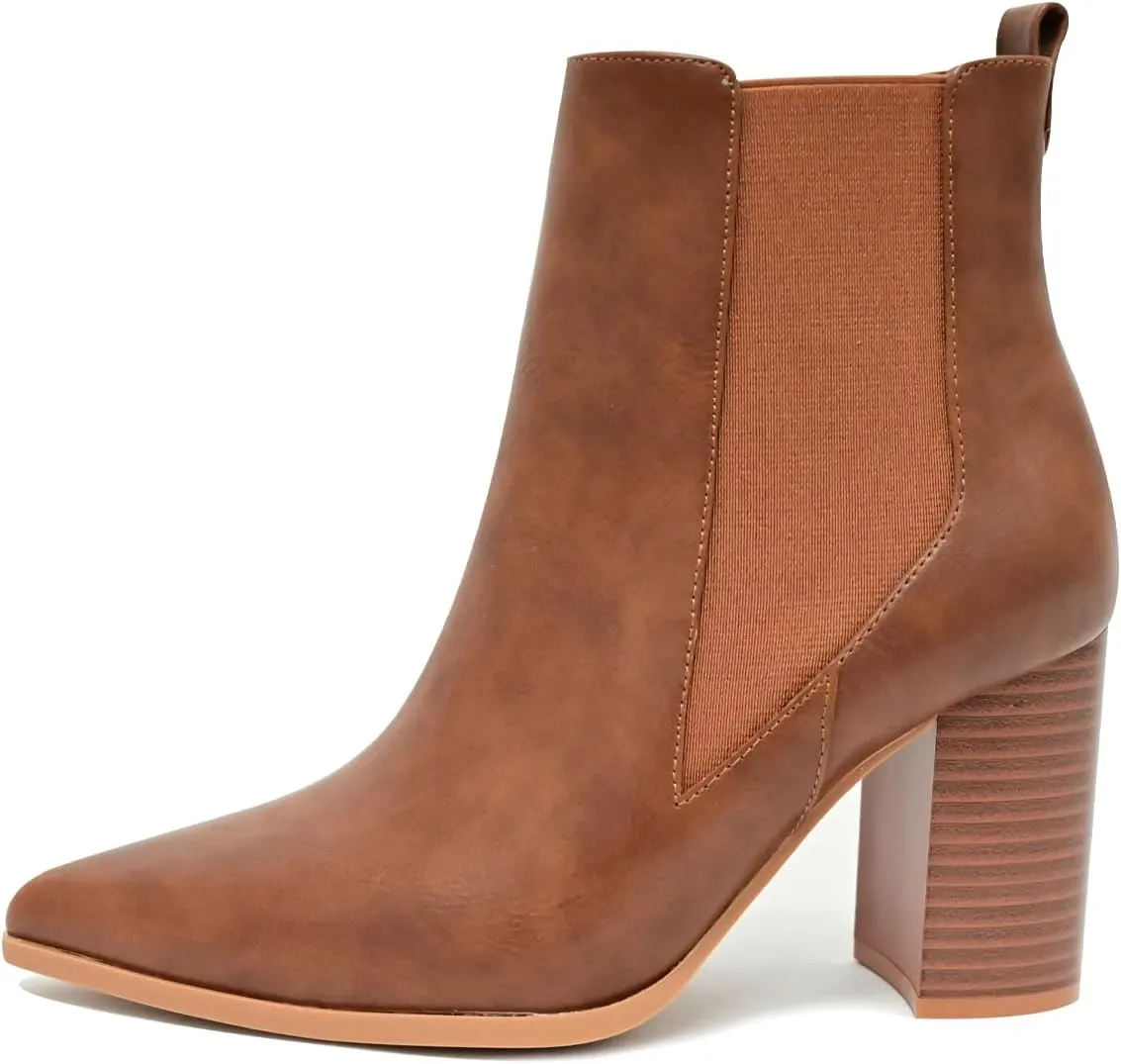 Chelsea Ankle Boots for Women Chunky Block Heel Booties Pointed Toe Stack Heel Brown Black Boots Dress Shoes Elastic Gore Slip On Comfortable Chelsea Boots