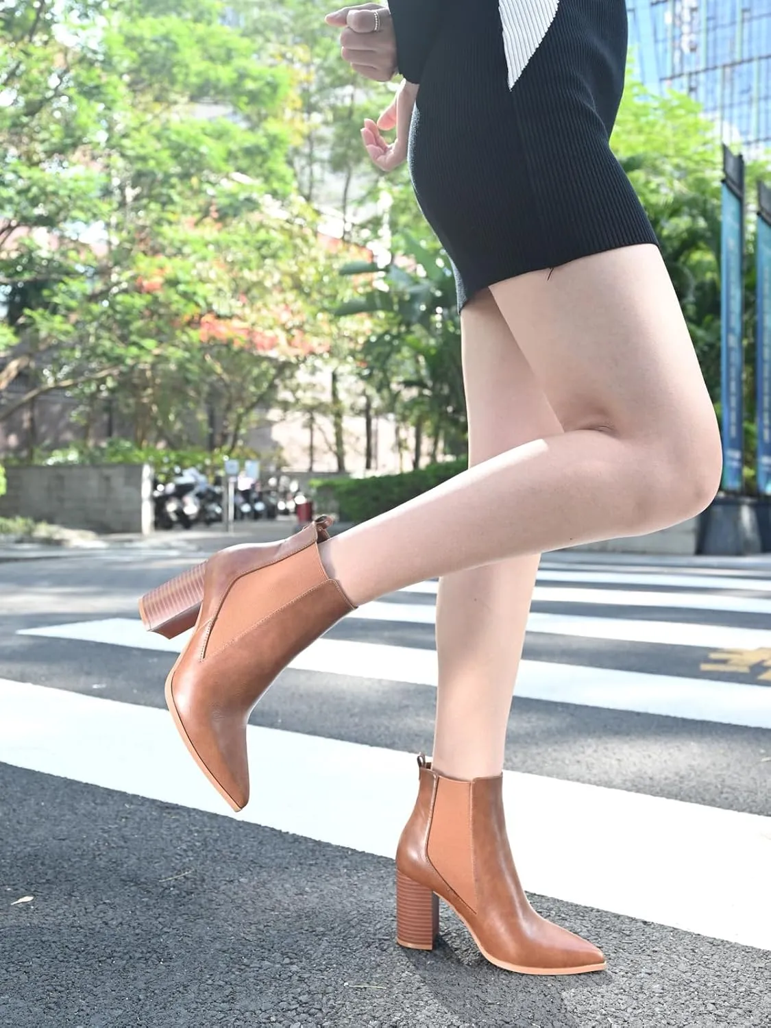Chelsea Ankle Boots for Women Chunky Block Heel Booties Pointed Toe Stack Heel Brown Black Boots Dress Shoes Elastic Gore Slip On Comfortable Chelsea Boots