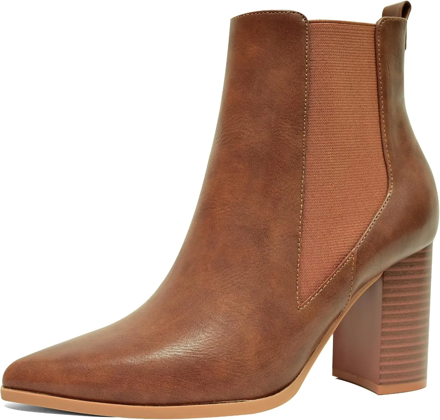 Chelsea Ankle Boots for Women Chunky Block Heel Booties Pointed Toe Stack Heel Brown Black Boots Dress Shoes Elastic Gore Slip On Comfortable Chelsea Boots