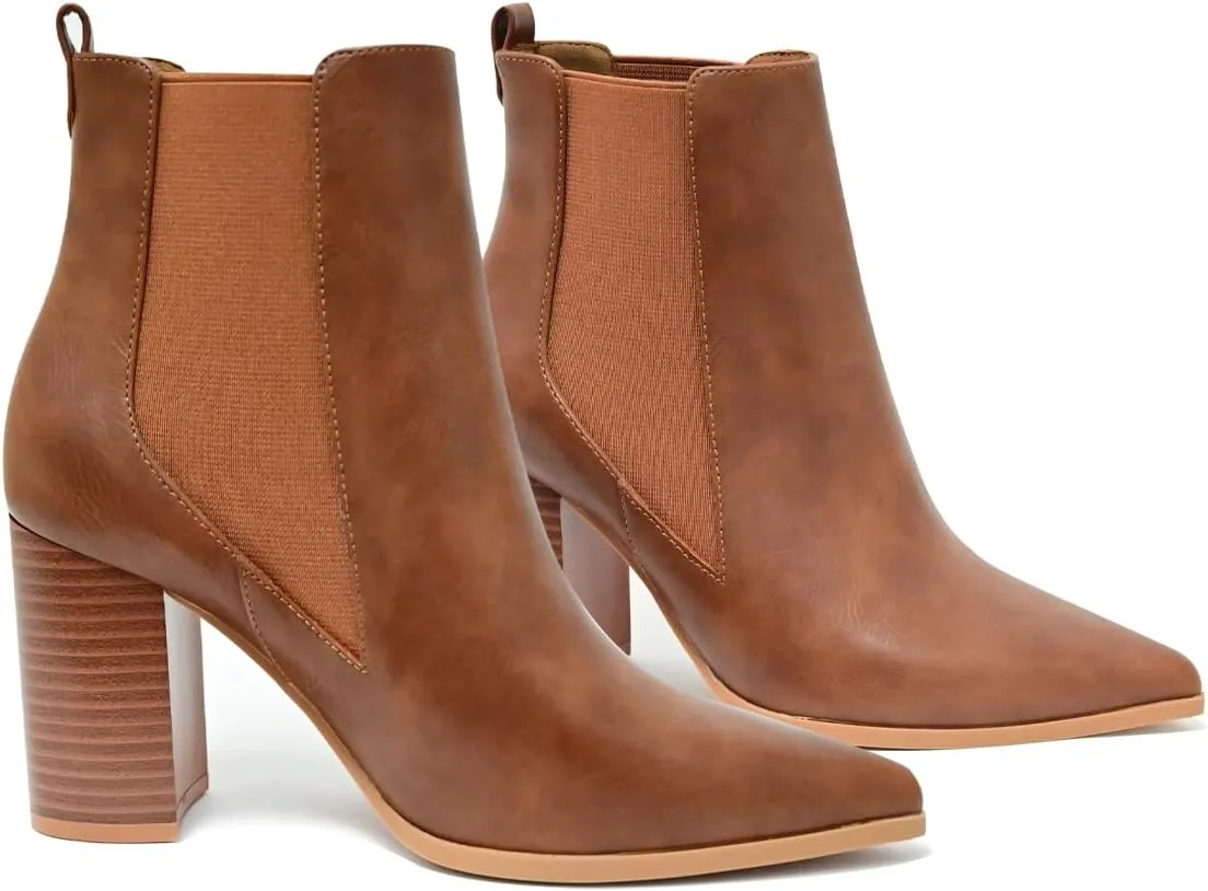 Chelsea Ankle Boots for Women Chunky Block Heel Booties Pointed Toe Stack Heel Brown Black Boots Dress Shoes Elastic Gore Slip On Comfortable Chelsea Boots